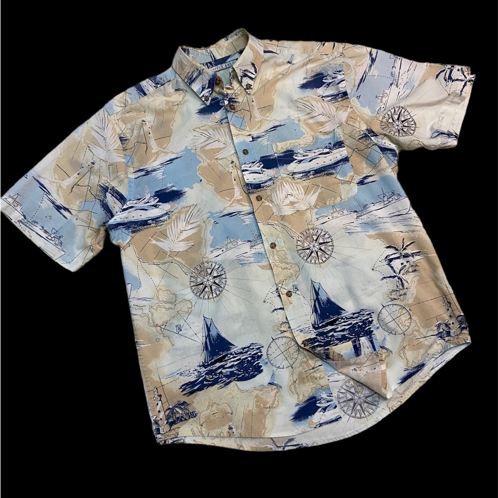Vtg Monte Carlo Men's Button Down Boats Compass Island Short Sleeve Size M 38/40